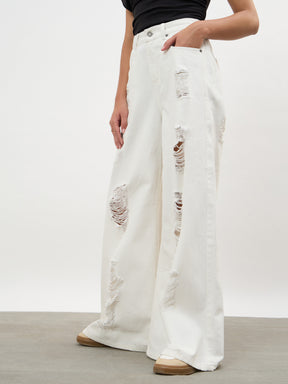 White Denim Flared Distressed Jeans-SASSAFRAS