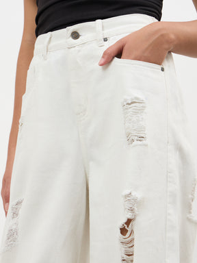 White Denim Flared Distressed Jeans-SASSAFRAS