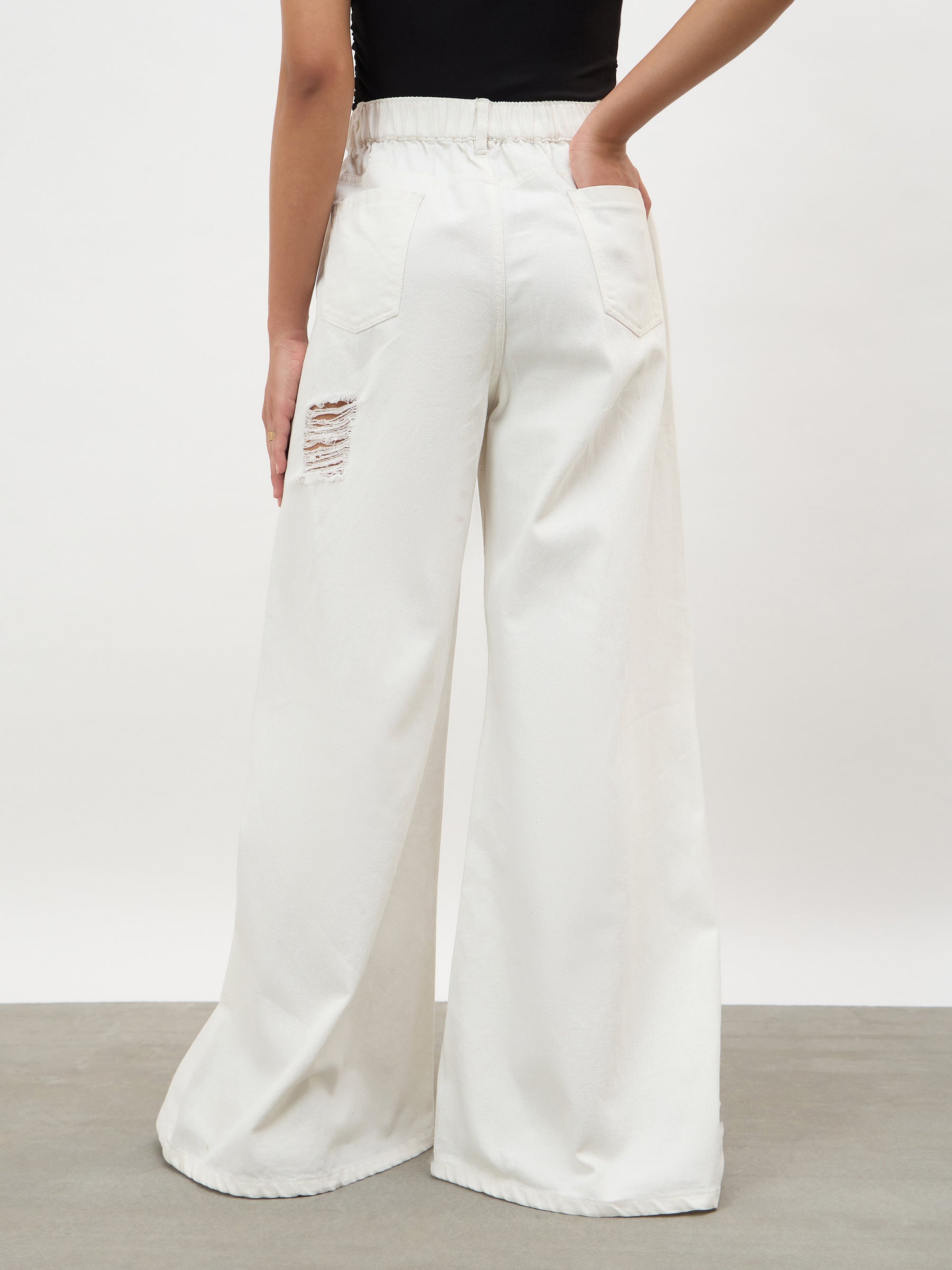 White Denim Flared Distressed Jeans-SASSAFRAS