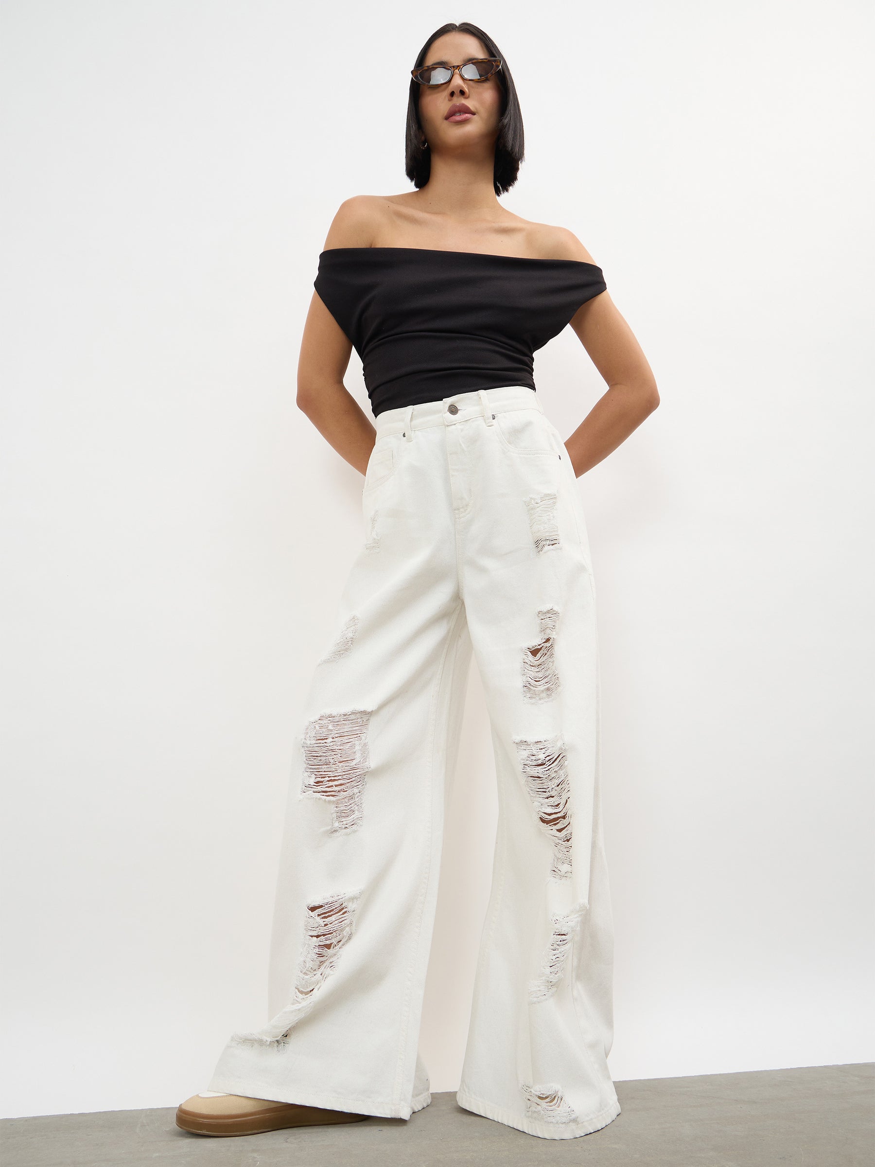 Women White Denim Flared Distressed Jeans