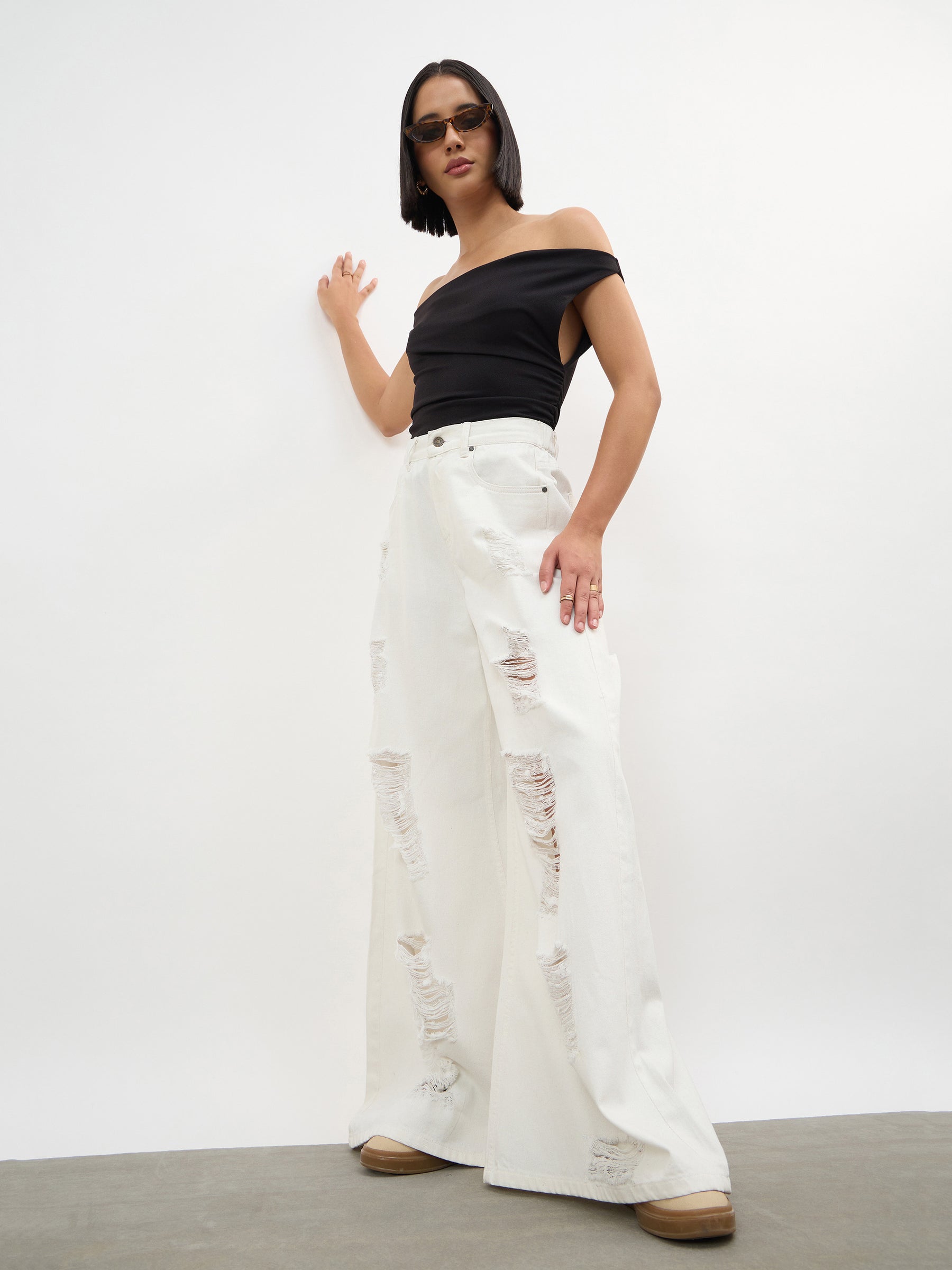 Women White Denim Flared Distressed Jeans