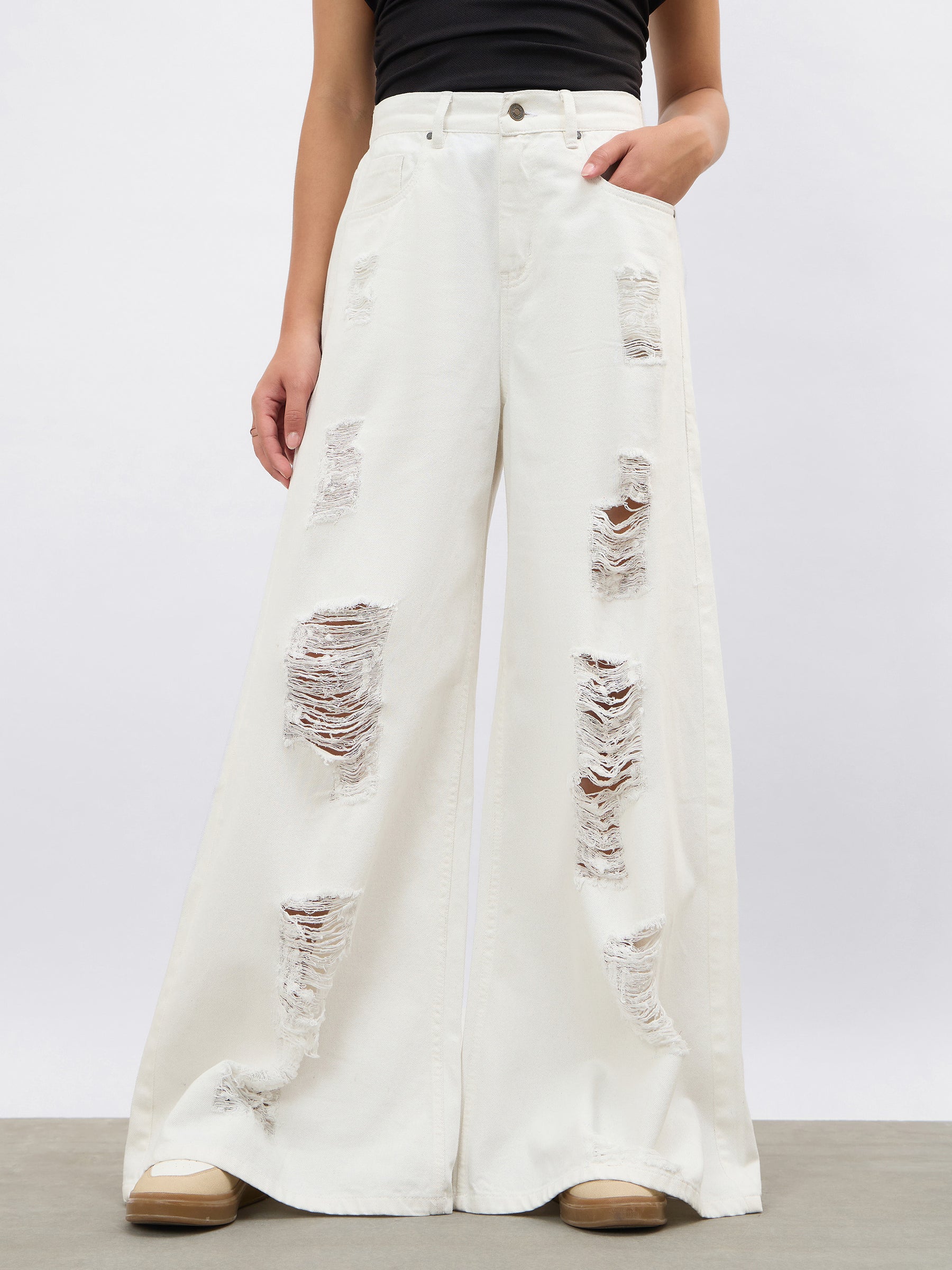 Women White Denim Flared Distressed Jeans
