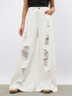 Women White Denim Flared Distressed Jeans