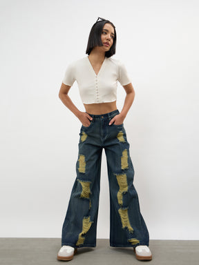 Navy Acid Wash Denim Flared Distressed Jeans-SASSAFRAS