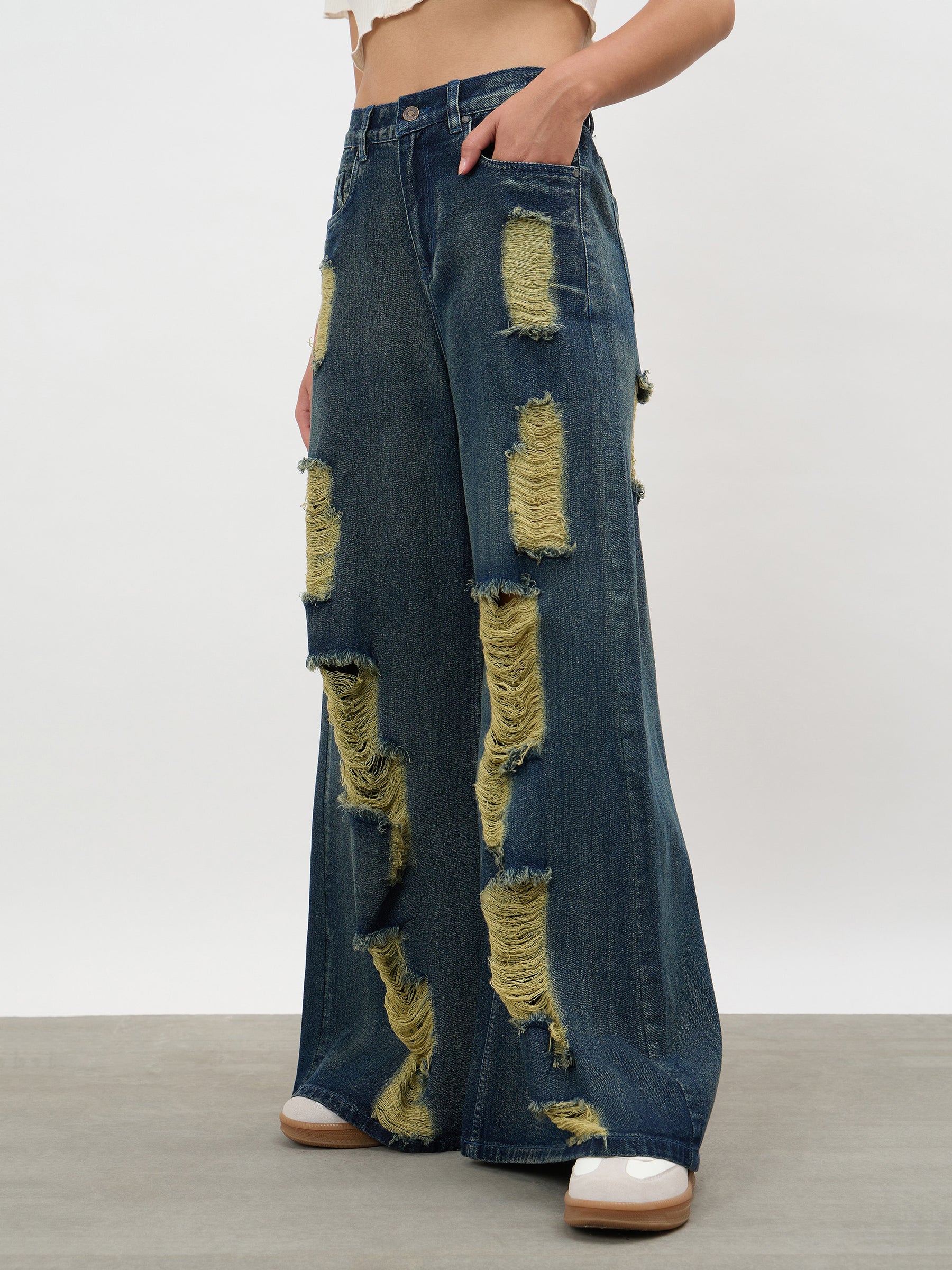 Navy Acid Wash Denim Flared Distressed Jeans-SASSAFRAS