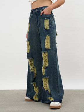 Navy Acid Wash Denim Flared Distressed Jeans-SASSAFRAS