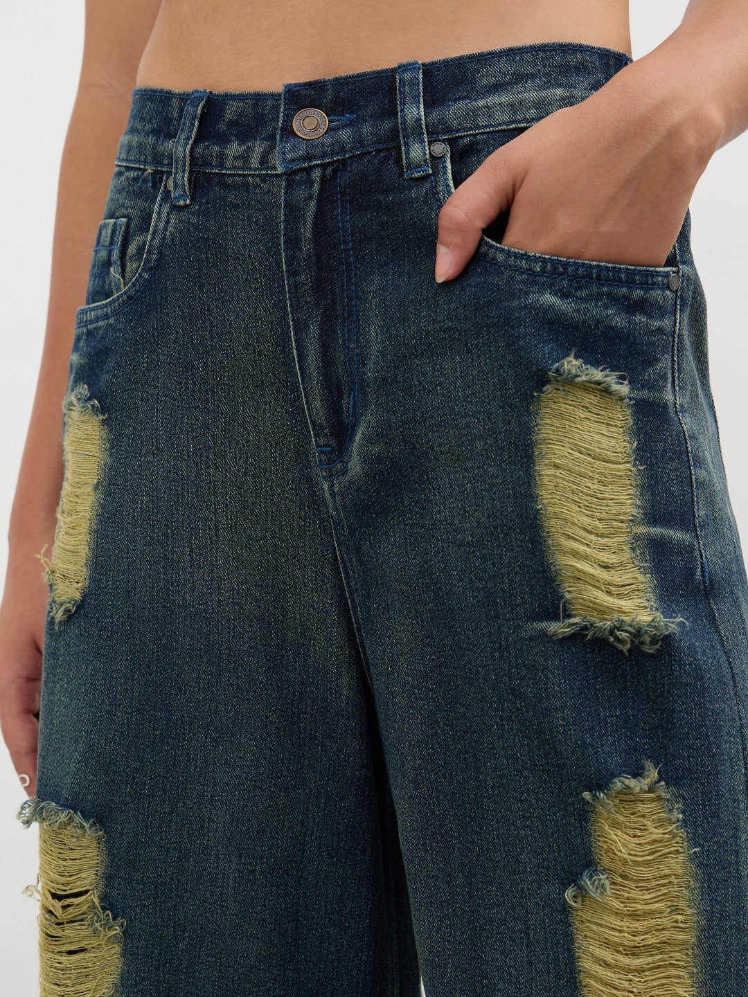Navy Acid Wash Denim Flared Distressed Jeans-SASSAFRAS