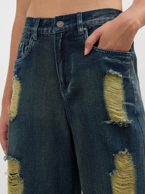 Navy Acid Wash Denim Flared Distressed Jeans-SASSAFRAS