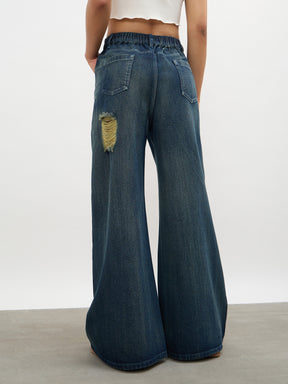 Navy Acid Wash Denim Flared Distressed Jeans-SASSAFRAS