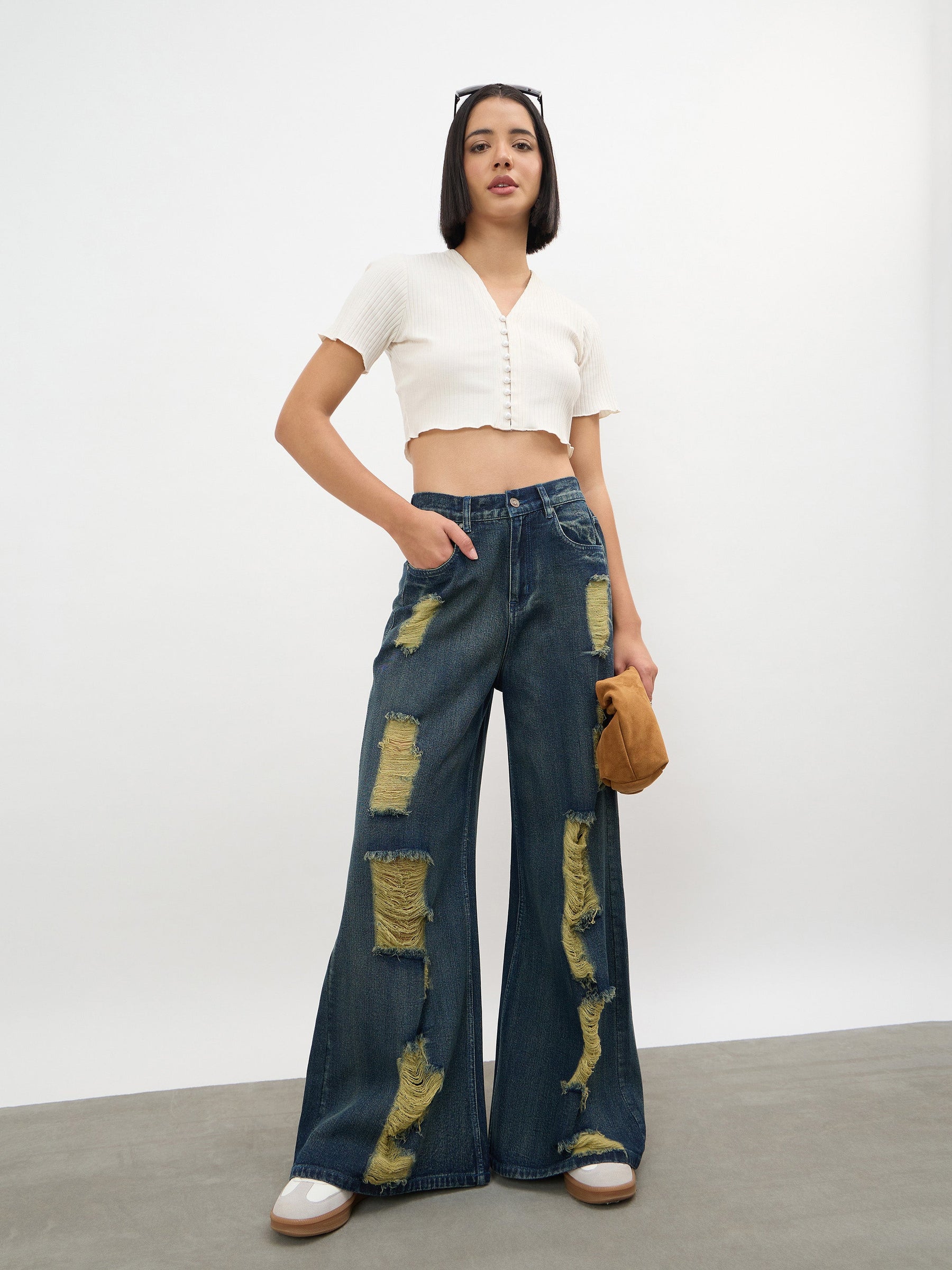 Women Navy Acid Wash Denim Flared Distressed Jeans