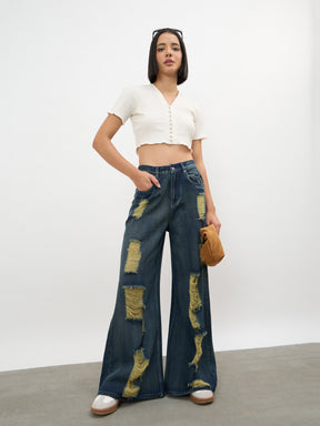Women Navy Acid Wash Denim Flared Distressed Jeans