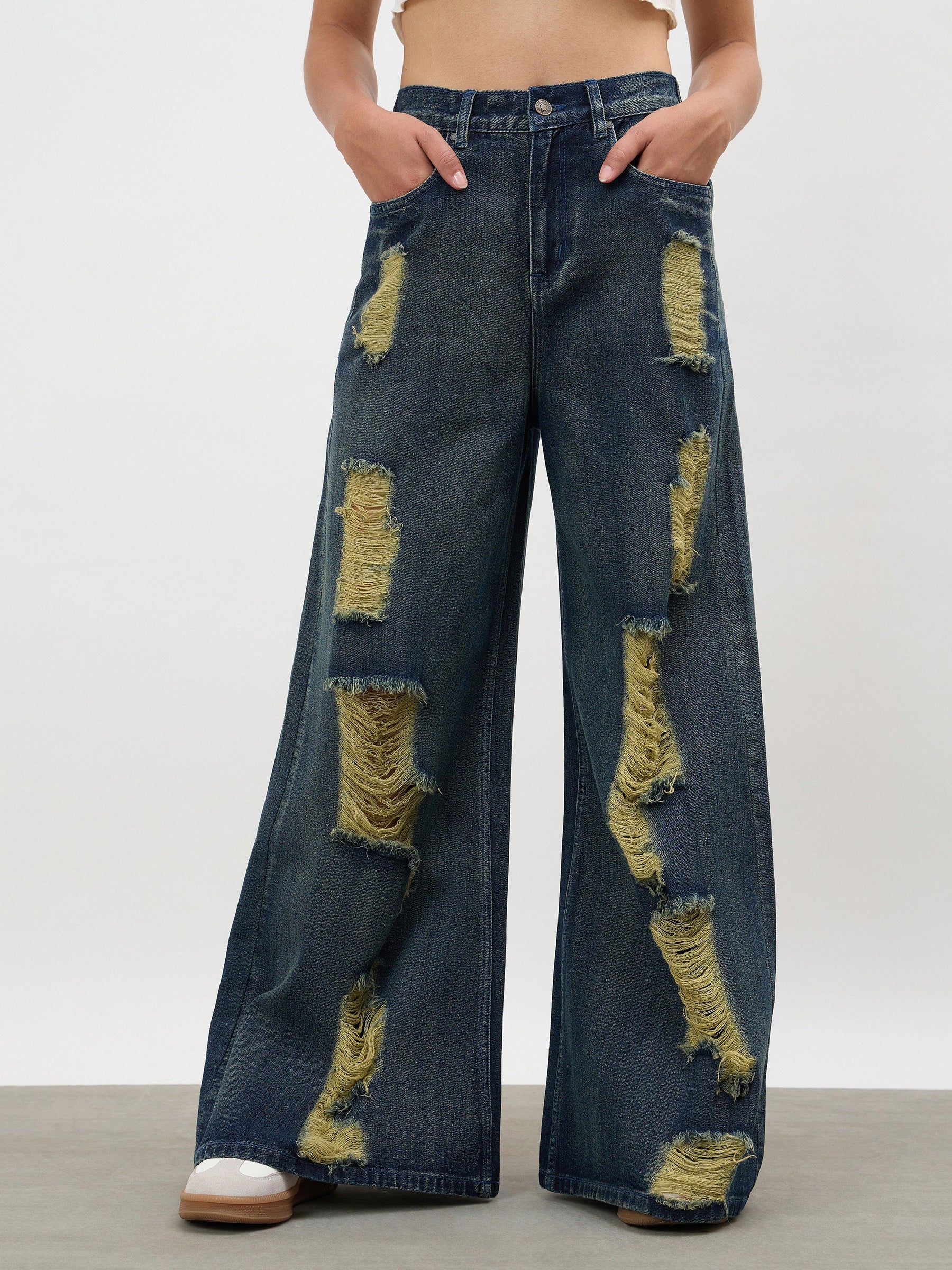 Women Navy Acid Wash Denim Flared Distressed Jeans