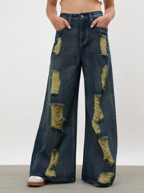 Women Navy Acid Wash Denim Flared Distressed Jeans