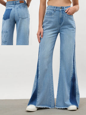 Blue Blast Side Colour Blocking Flared Jeans-SASSAFRAS