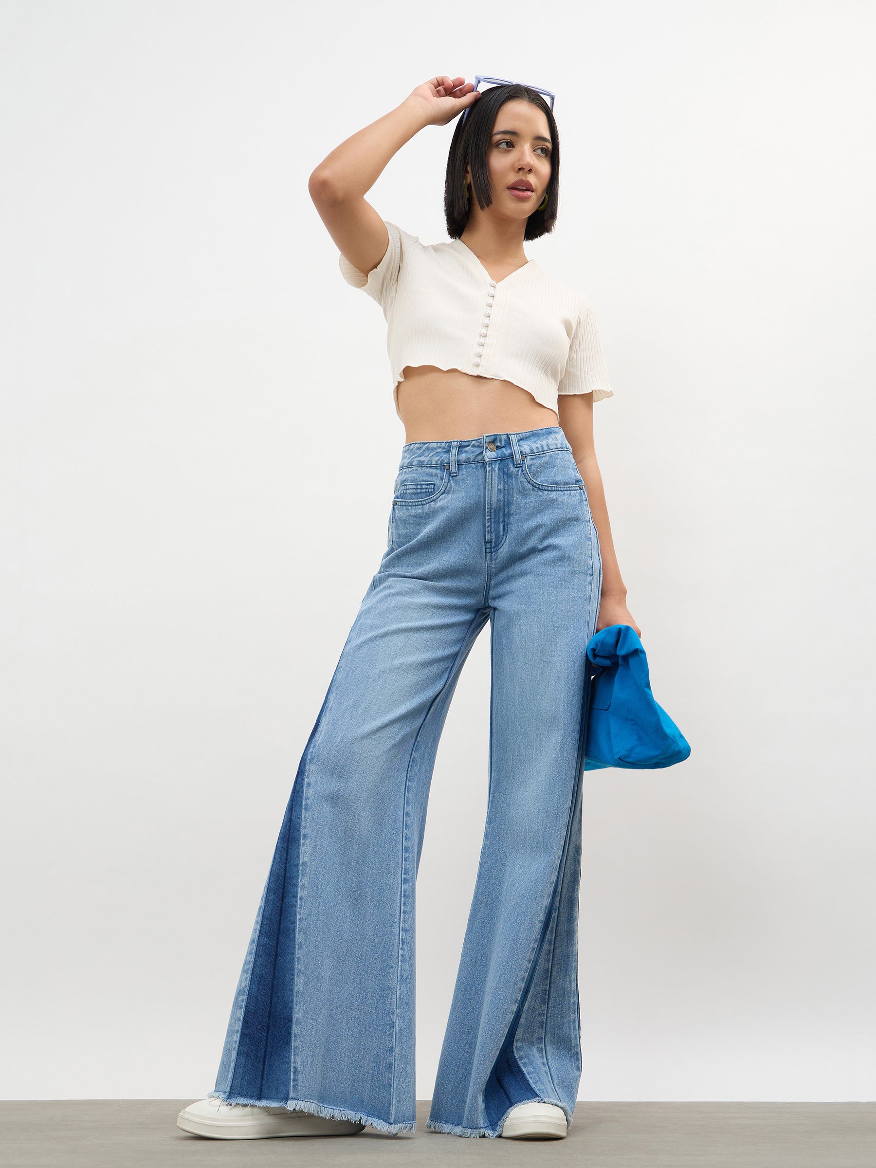 Blue Blast Side Colour Blocking Flared Jeans-SASSAFRAS