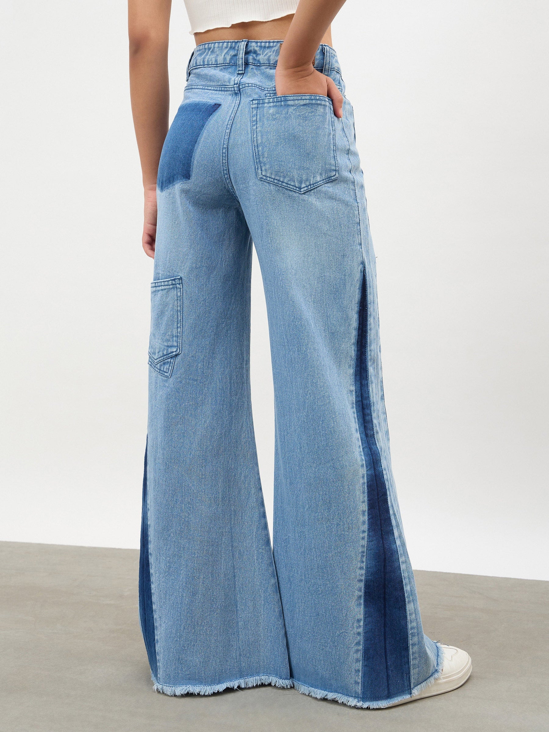 Women Blue Blast Side Colour Blocking Flared Jeans
