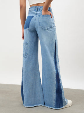 Women Blue Blast Side Colour Blocking Flared Jeans