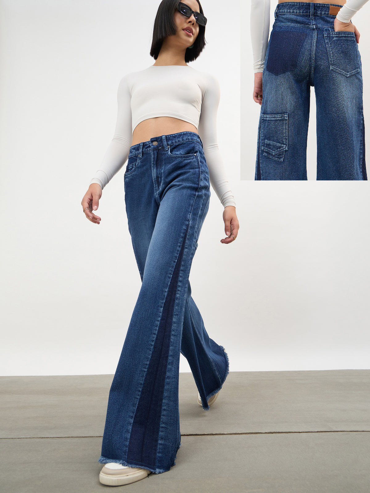 Navy Side Colour Blocking Flared Jeans-SASSAFRAS