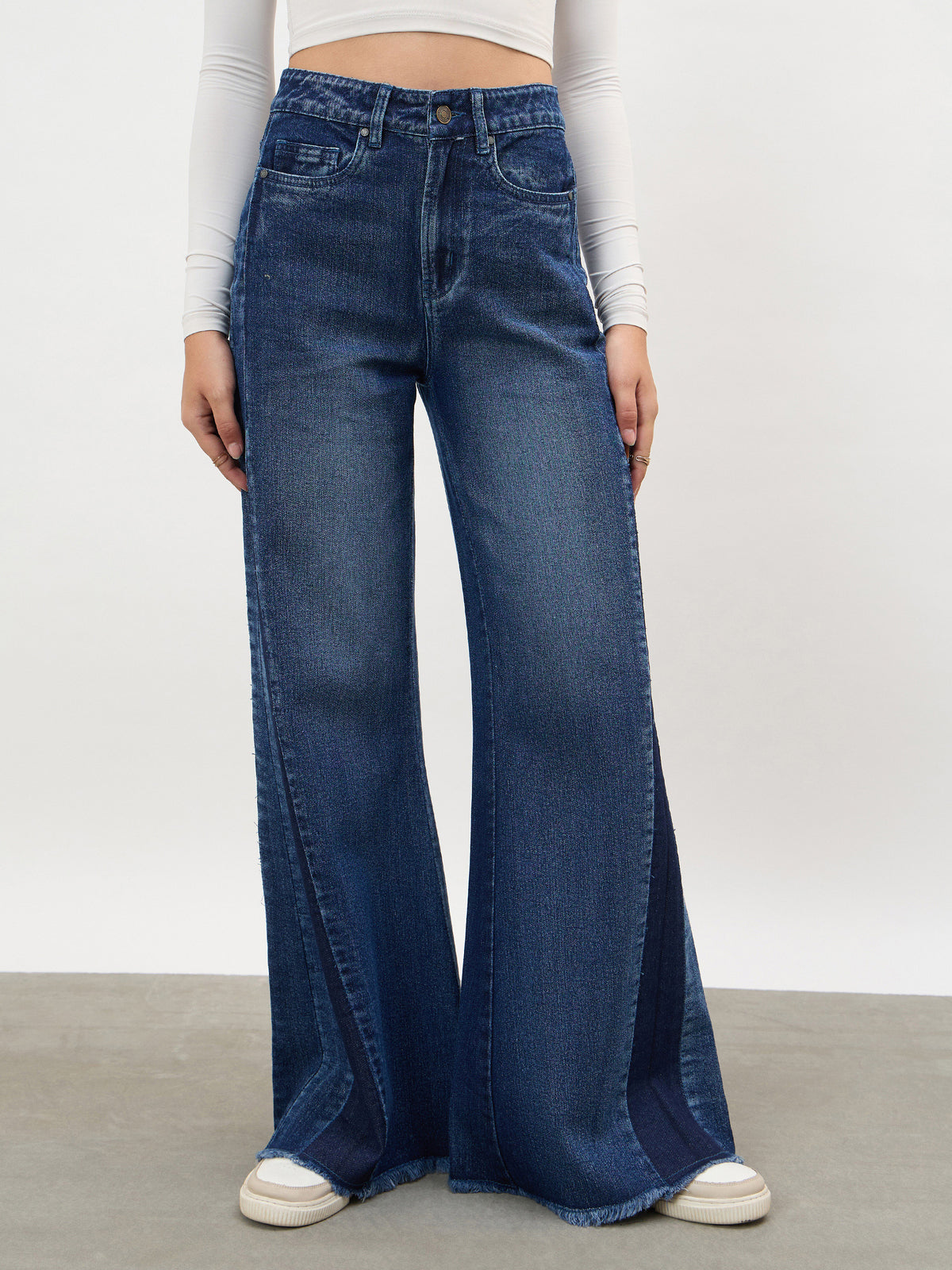 Navy Side Colour Blocking Flared Jeans-SASSAFRAS