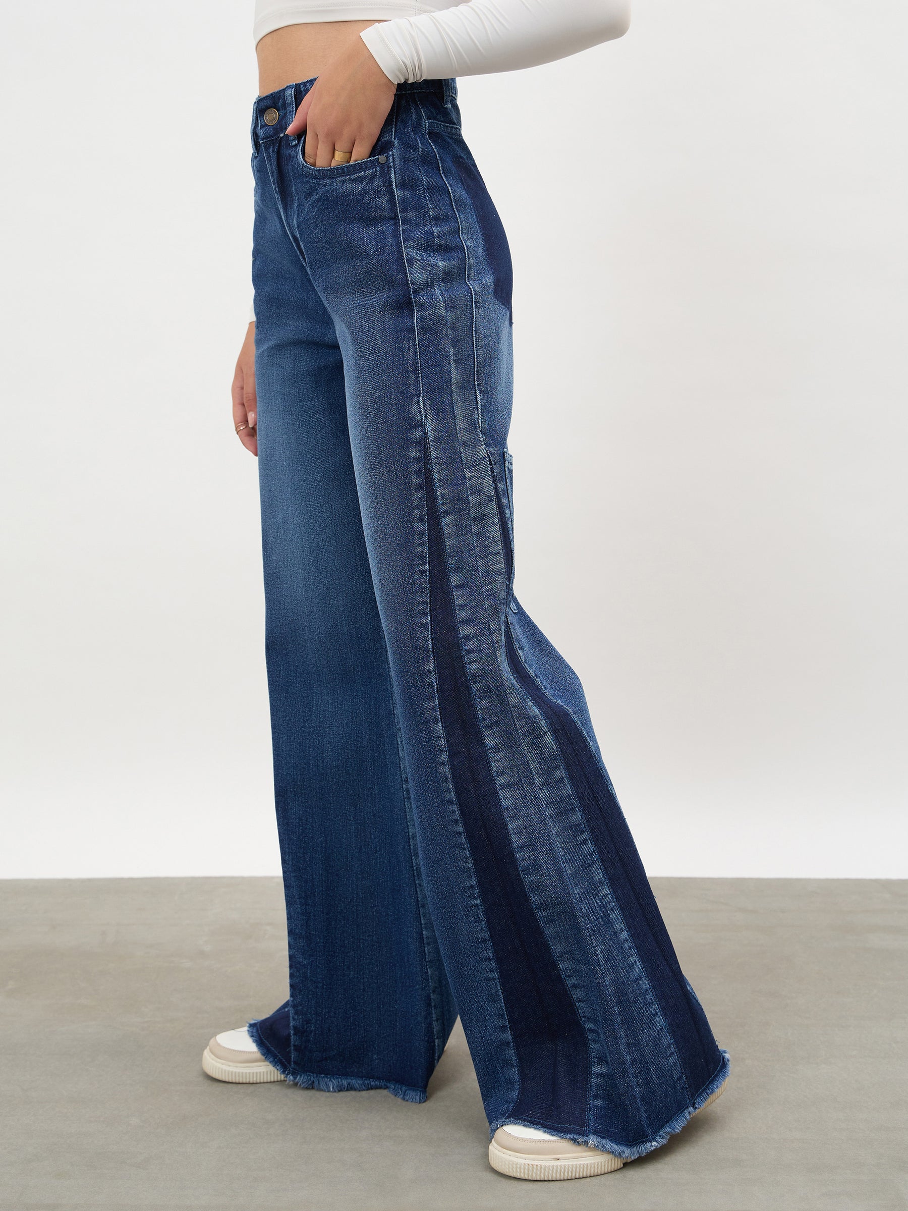Navy Side Colour Blocking Flared Jeans-SASSAFRAS
