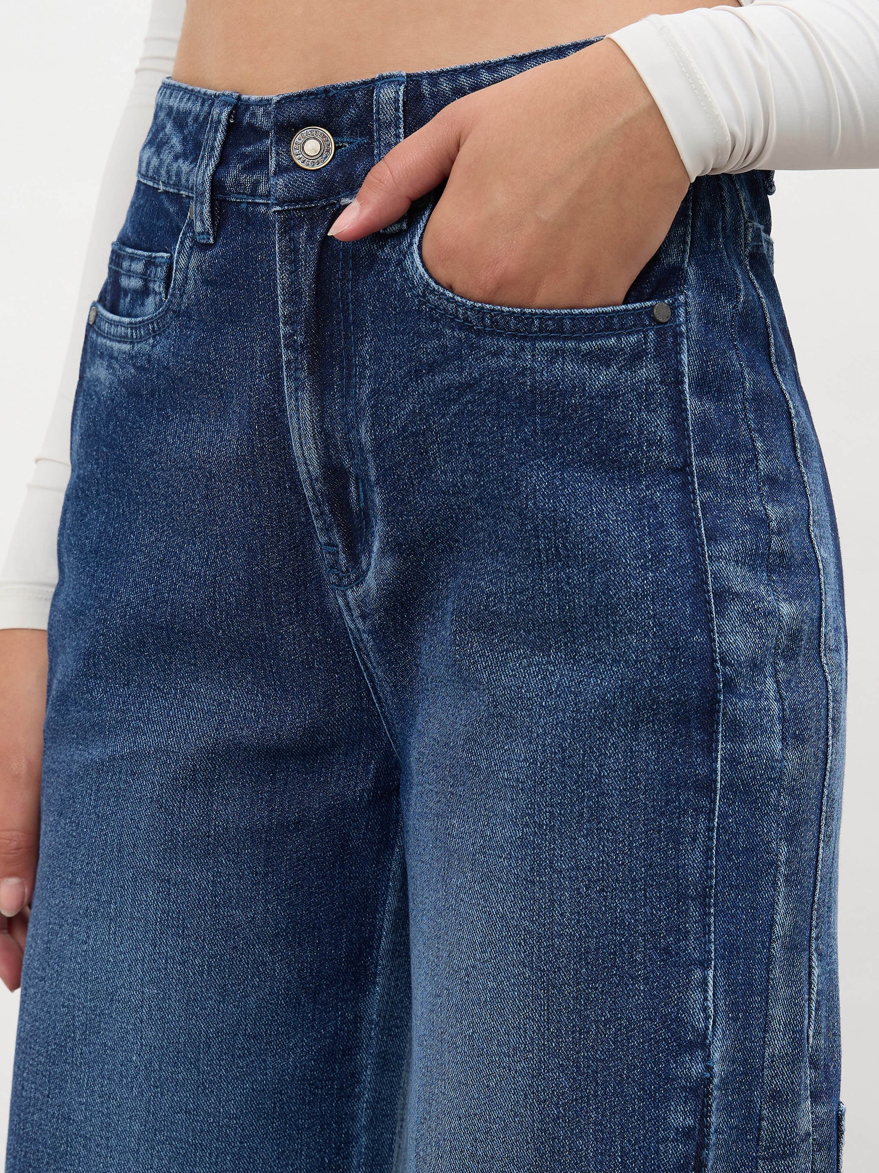 Navy Side Colour Blocking Flared Jeans-SASSAFRAS