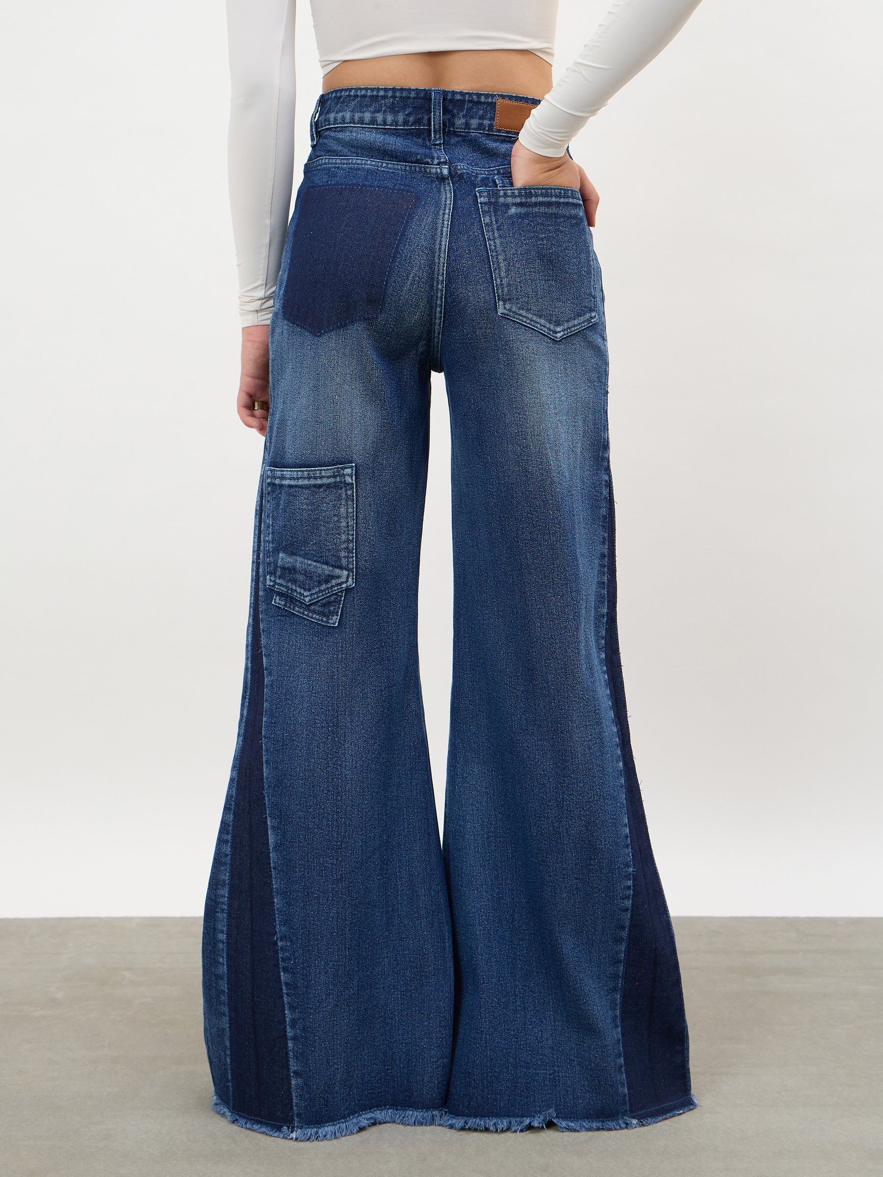 Navy Side Colour Blocking Flared Jeans-SASSAFRAS
