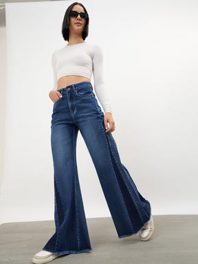 Women Navy Side Colour Blocking Flared Jeans