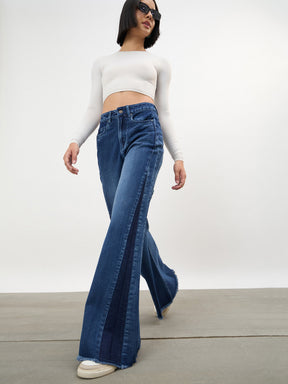 Women Navy Side Colour Blocking Flared Jeans