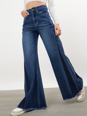 Women Navy Side Colour Blocking Flared Jeans