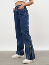 Navy Hem Zipper Straight Jeans-SASSAFRAS