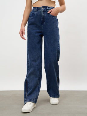 Navy Hem Zipper Straight Jeans-SASSAFRAS