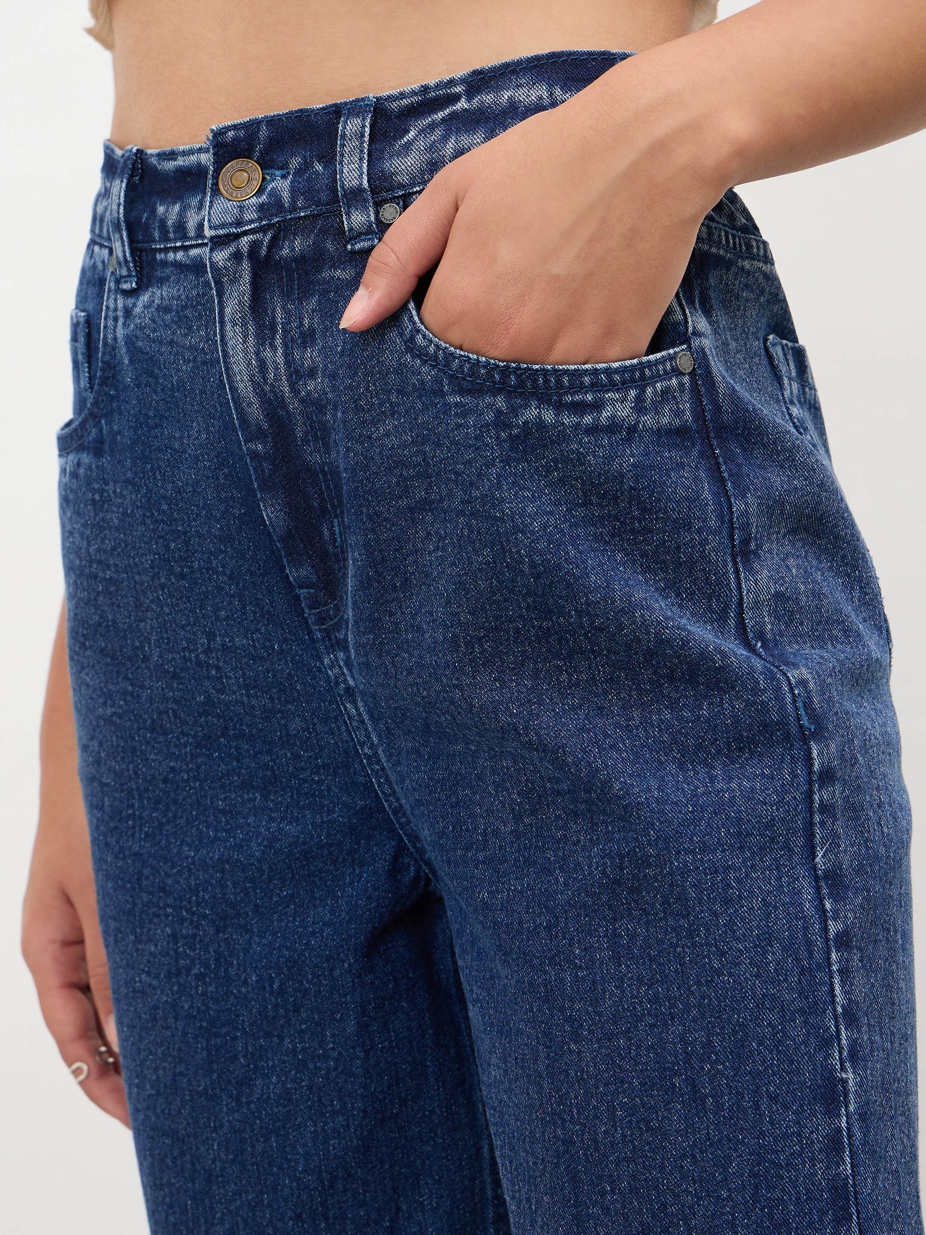 Navy Hem Zipper Straight Jeans-SASSAFRAS