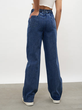 Navy Hem Zipper Straight Jeans-SASSAFRAS
