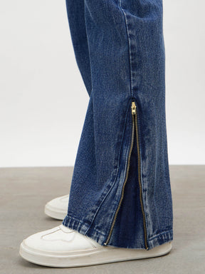 Women Navy Hem Zipper Straight Jeans