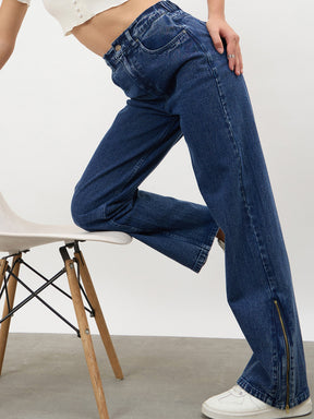 Women Navy Hem Zipper Straight Jeans