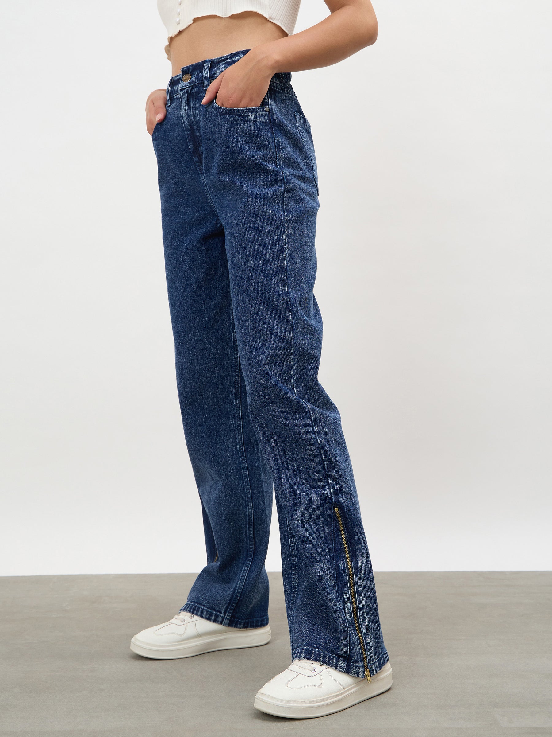 Women Navy Hem Zipper Straight Jeans