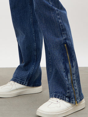 Women Navy Hem Zipper Straight Jeans