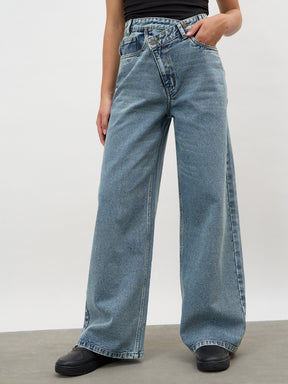 Blue Whisker Wash Cross Waist Straight Jeans-SASSAFRAS
