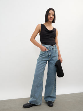 Blue Whisker Wash Cross Waist Straight Jeans-SASSAFRAS