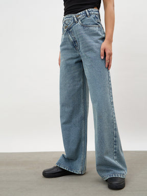 Blue Whisker Wash Cross Waist Straight Jeans-SASSAFRAS