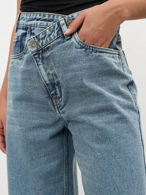 Blue Whisker Wash Cross Waist Straight Jeans-SASSAFRAS
