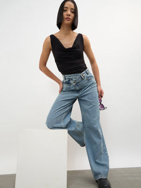 Women Blue Whisker Wash Cross Waist Straight Jeans