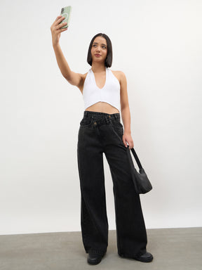 Women Black Wash Cross Waist Straight Jeans