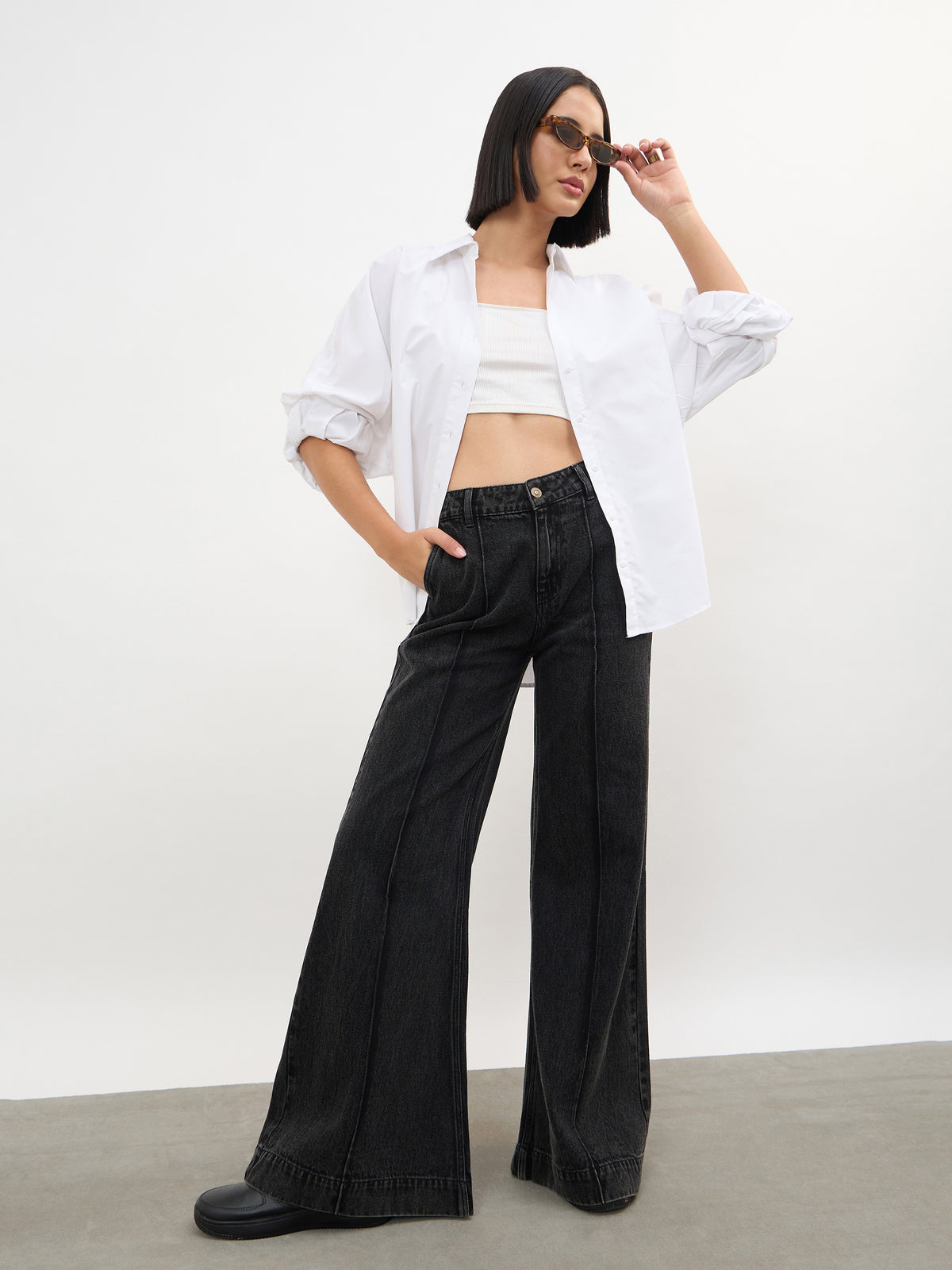 Black Wash Front Seam Bell Bottom Jeans-SASSAFRAS