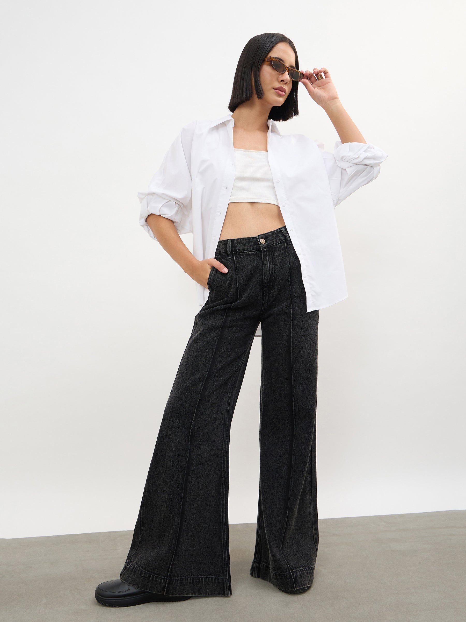 Black Wash Front Seam Bell Bottom Jeans-SASSAFRAS