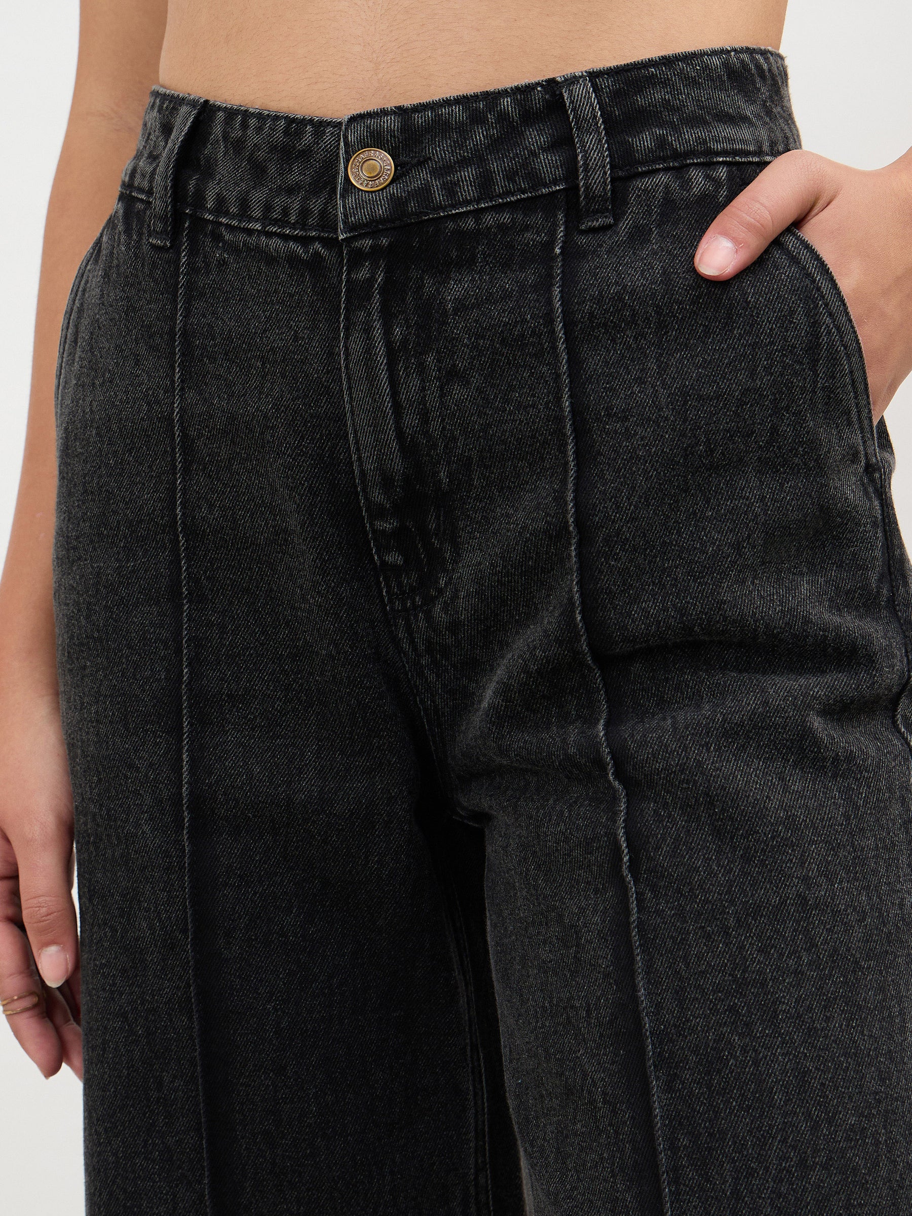 Black Wash Front Seam Bell Bottom Jeans-SASSAFRAS