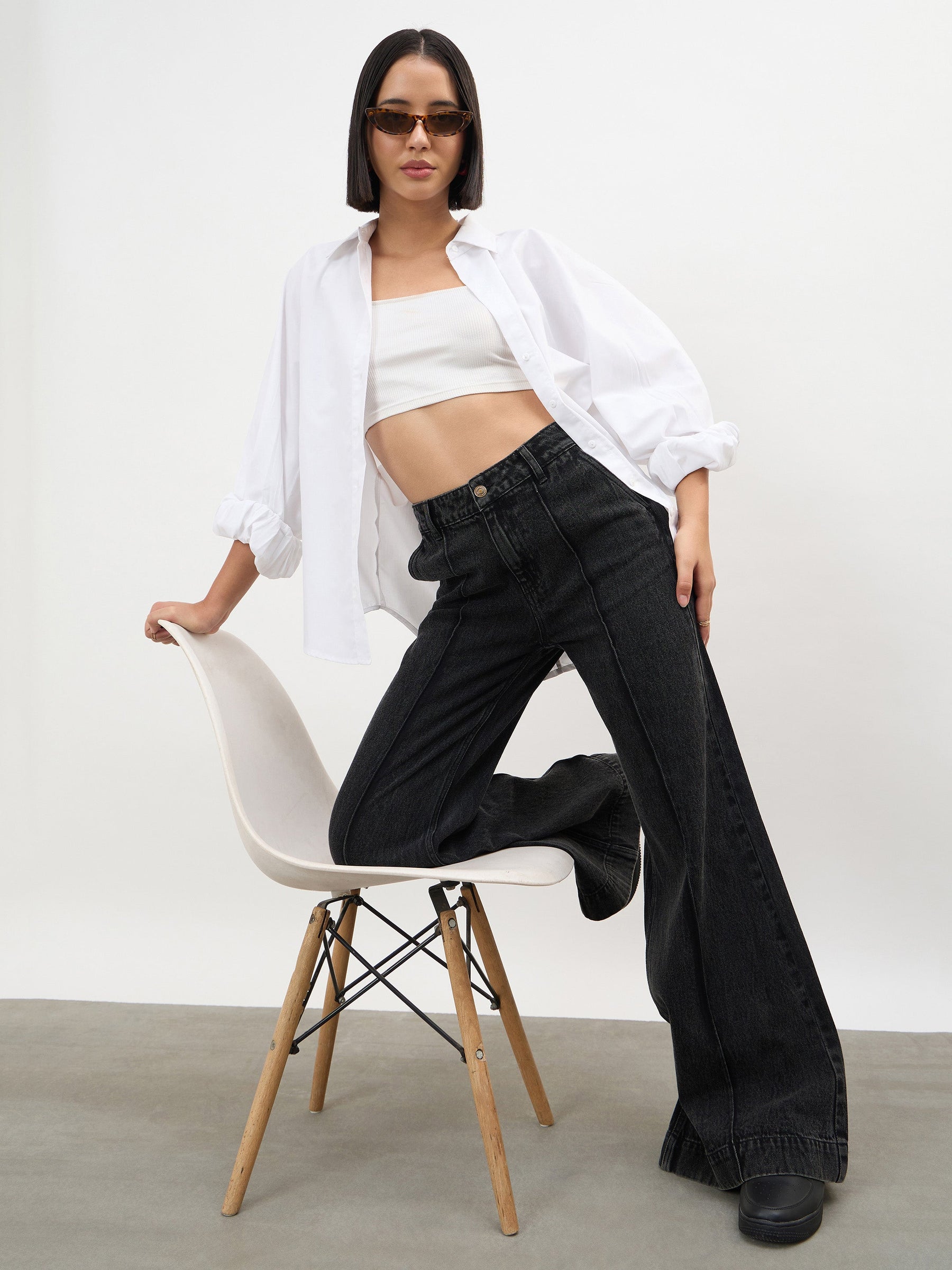Women Black Wash Front Seam Bell Bottom Jeans