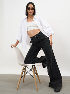 Women Black Wash Front Seam Bell Bottom Jeans