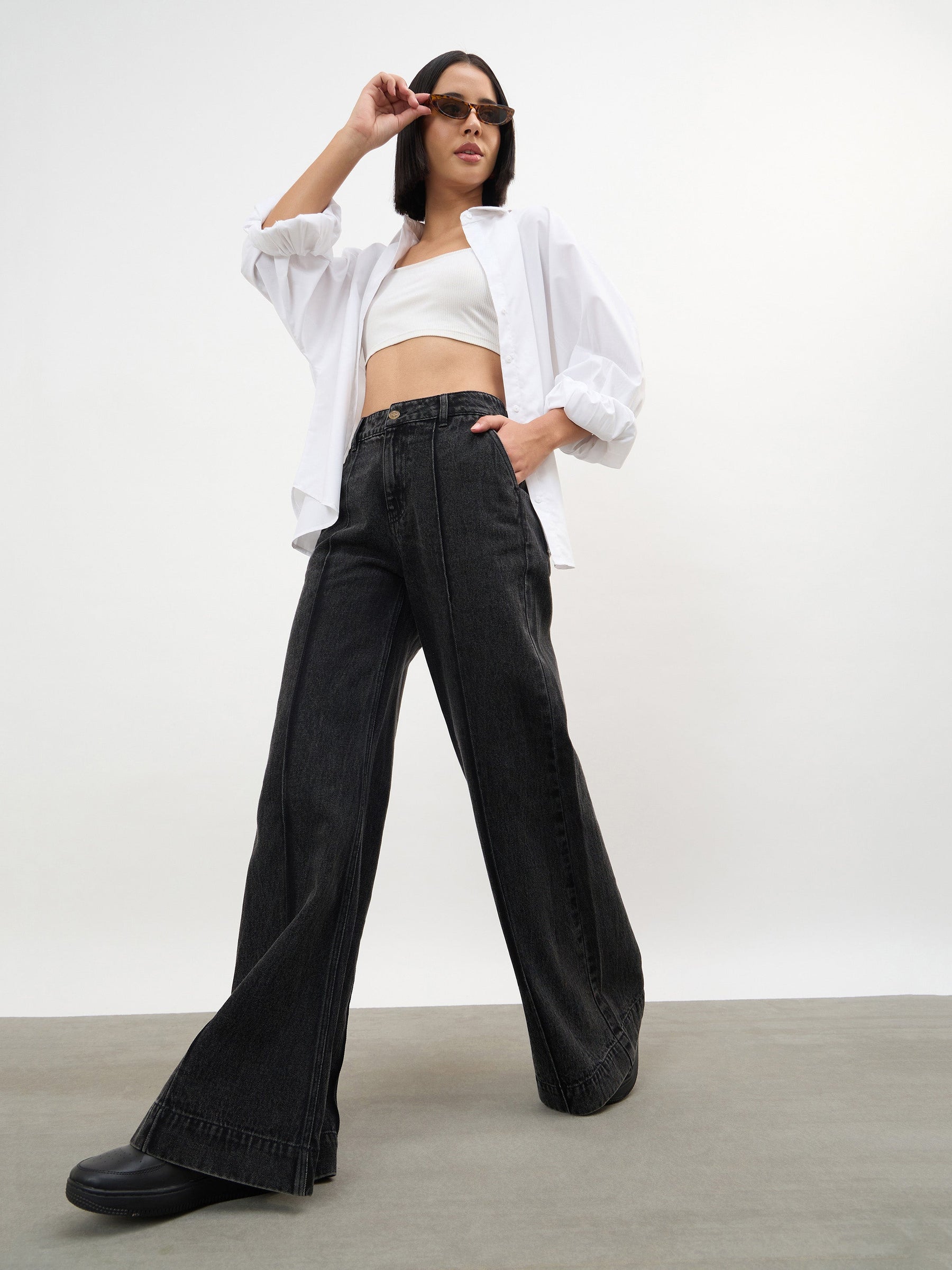 Women Black Wash Front Seam Bell Bottom Jeans