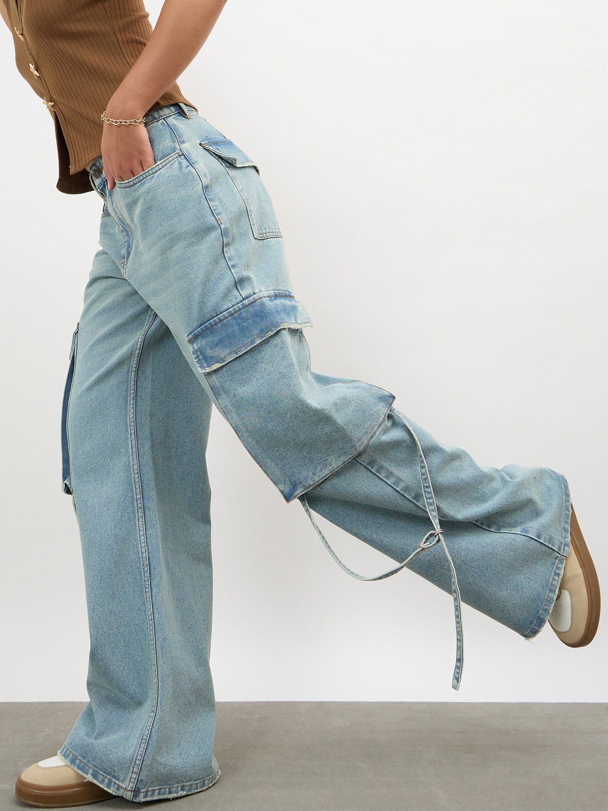 Ice Blue Loop Detail Cargo Jeans-SASSAFRAS